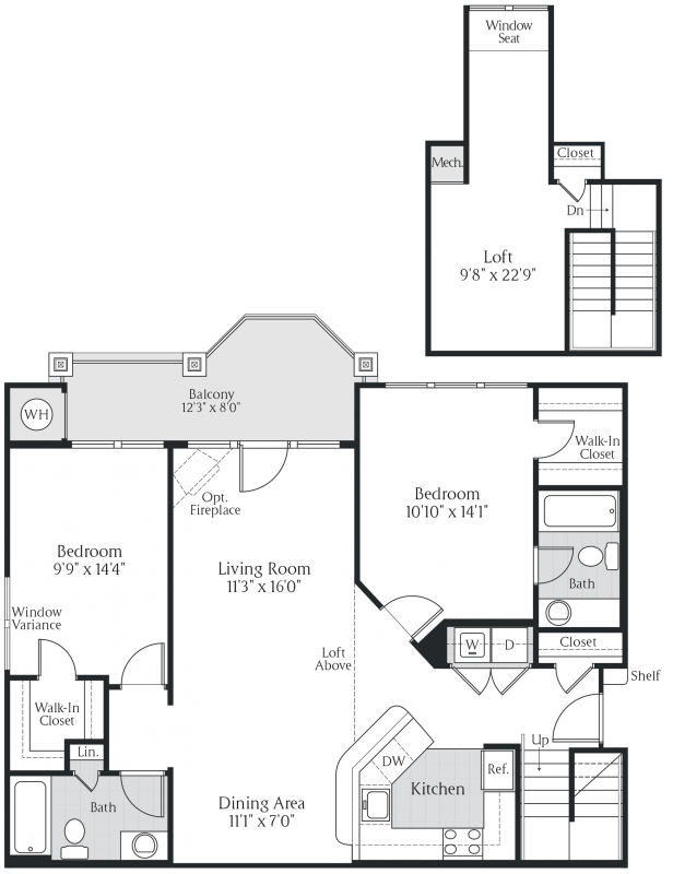 Two-bedroom loft floor plan at Jefferson Arbors at Broadlands - ashburn va luxury apartments