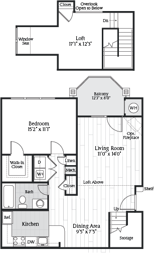 One-bedroom loft floor plan at Jefferson Arbors at Broadlands - ashburn va luxury apartments